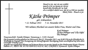 Anzeige von Käthe Prömper von Kölner Stadt-Anzeiger / Kölnische Rundschau / Express