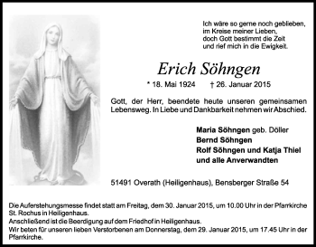 Anzeige von Erich Söhngen von Kölner Stadt-Anzeiger / Kölnische Rundschau / Express