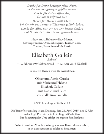 Anzeige von Elisabeth Gallein von  Leverkusener Wochenende 