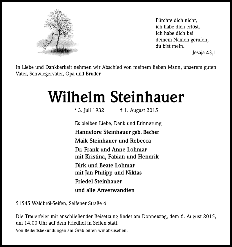  Traueranzeige für Wilhelm Steinhauer vom 04.08.2015 aus Kölner Stadt-Anzeiger / Kölnische Rundschau / Express