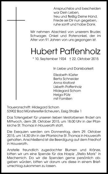 Anzeige von Hubert Paffenholz von Kölner Stadt-Anzeiger / Kölnische Rundschau / Express