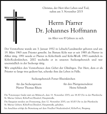 Anzeige von Johannes Hoffmann von Kölner Stadt-Anzeiger / Kölnische Rundschau / Express