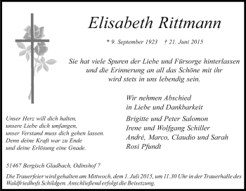 Anzeige von Elisabeth Rittmann von Kölner Stadt-Anzeiger / Kölnische Rundschau / Express
