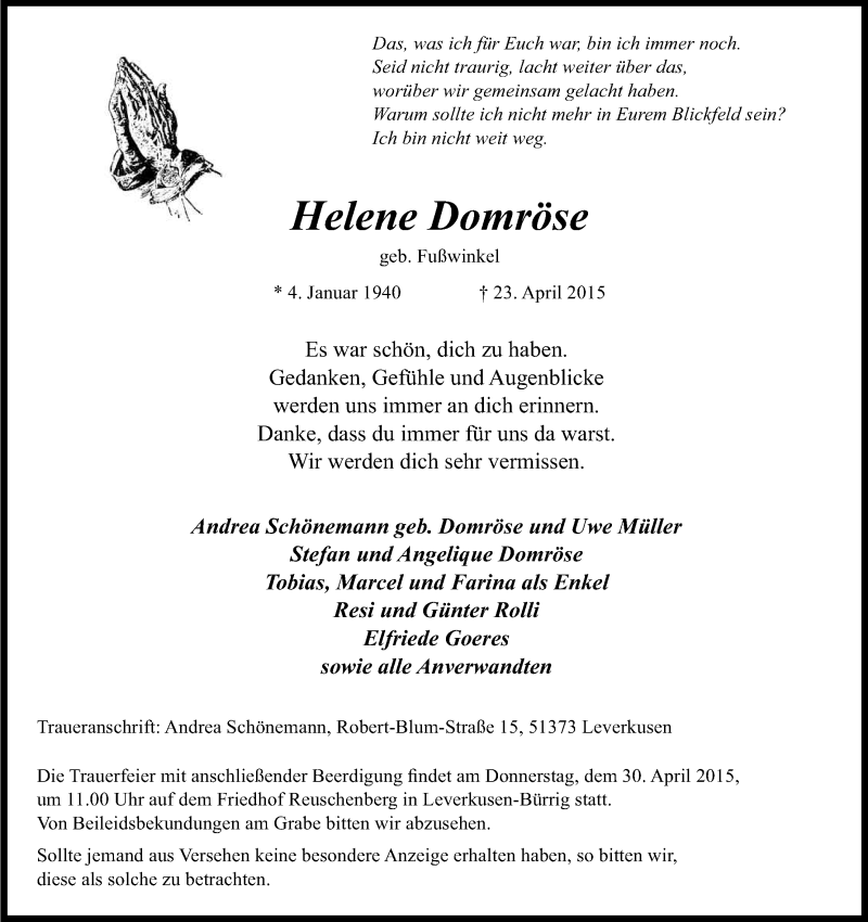  Traueranzeige für Helene Domröse vom 27.04.2015 aus Kölner Stadt-Anzeiger / Kölnische Rundschau / Express