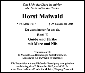Anzeige von Horst Maiwald von Kölner Stadt-Anzeiger / Kölnische Rundschau / Express