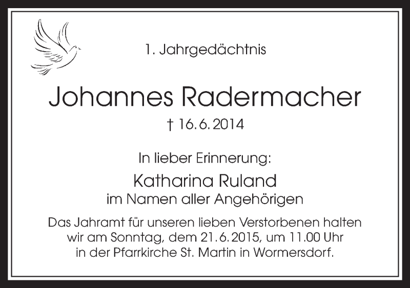 Traueranzeige für Johannes Radermacher vom 17.06.2015 aus  Schaufenster/Blickpunkt 