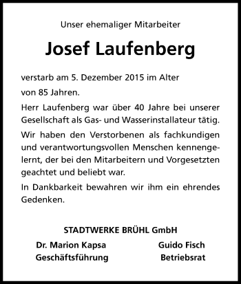 Anzeige von Josef Laufenberg von Kölner Stadt-Anzeiger / Kölnische Rundschau / Express