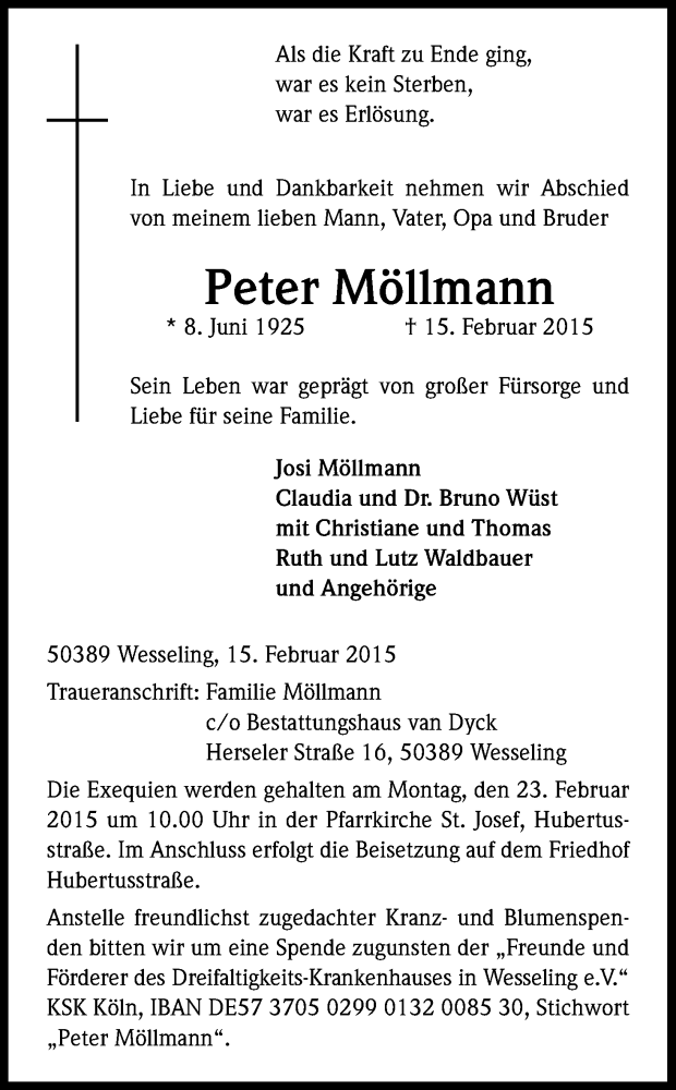  Traueranzeige für Peter Möllmann vom 20.02.2015 aus Kölner Stadt-Anzeiger / Kölnische Rundschau / Express