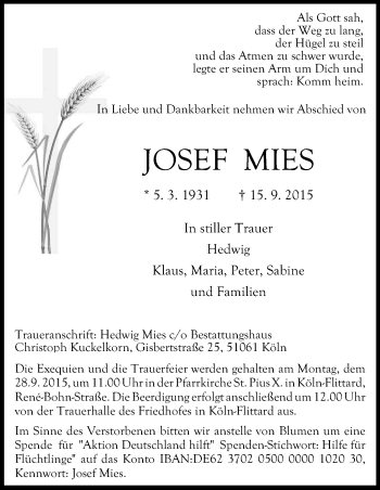 Anzeige von Josef Mies von Kölner Stadt-Anzeiger / Kölnische Rundschau / Express