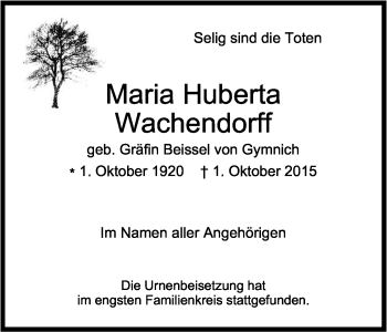 Anzeige von Maria Huberta Wachendorff von Kölner Stadt-Anzeiger / Kölnische Rundschau / Express