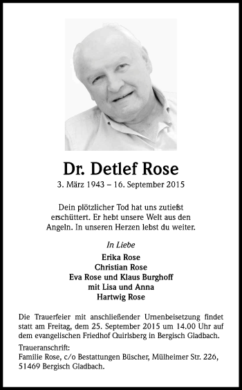 Anzeige von Detlef Rose von Kölner Stadt-Anzeiger / Kölnische Rundschau / Express