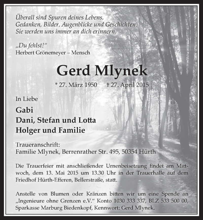  Traueranzeige für Gerd Mlynek vom 09.05.2015 aus  Sonntags-Post 