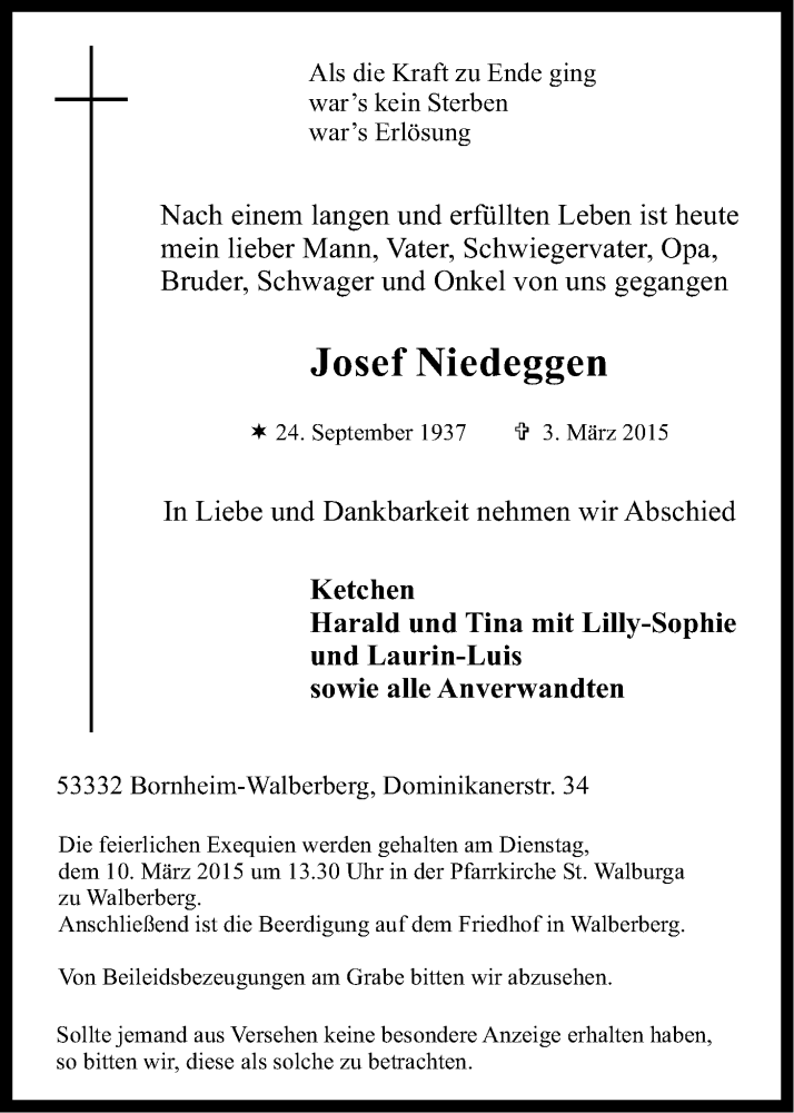  Traueranzeige für Josef Niedeggen vom 07.03.2015 aus Kölner Stadt-Anzeiger / Kölnische Rundschau / Express
