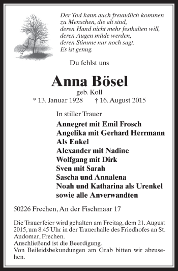 Anzeige von Anna Bösel von  Wochenende 