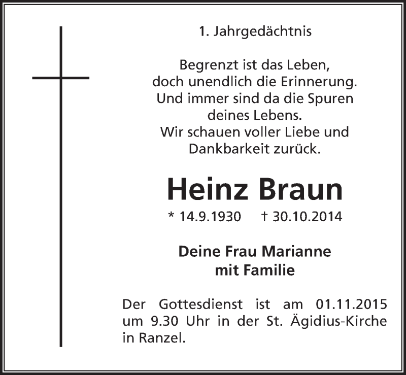  Traueranzeige für Heinz Braun vom 28.10.2015 aus  Extra Blatt 