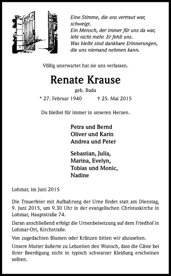 Anzeige von Renate Krause von Kölner Stadt-Anzeiger / Kölnische Rundschau / Express