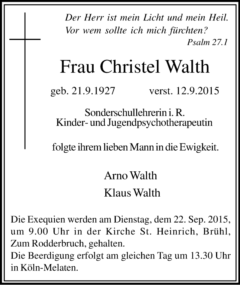  Traueranzeige für Christel Walth vom 19.09.2015 aus Kölner Stadt-Anzeiger / Kölnische Rundschau / Express