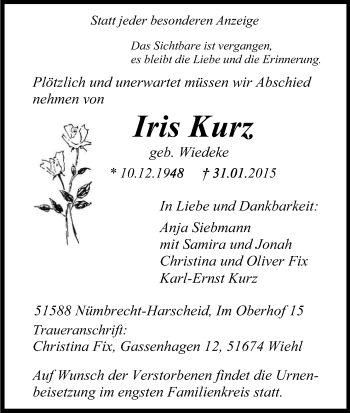 Anzeige von Iris Kurz von Kölner Stadt-Anzeiger / Kölnische Rundschau / Express