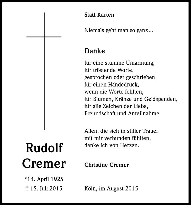  Traueranzeige für Rudolf Cremer vom 15.08.2015 aus Kölner Stadt-Anzeiger / Kölnische Rundschau / Express