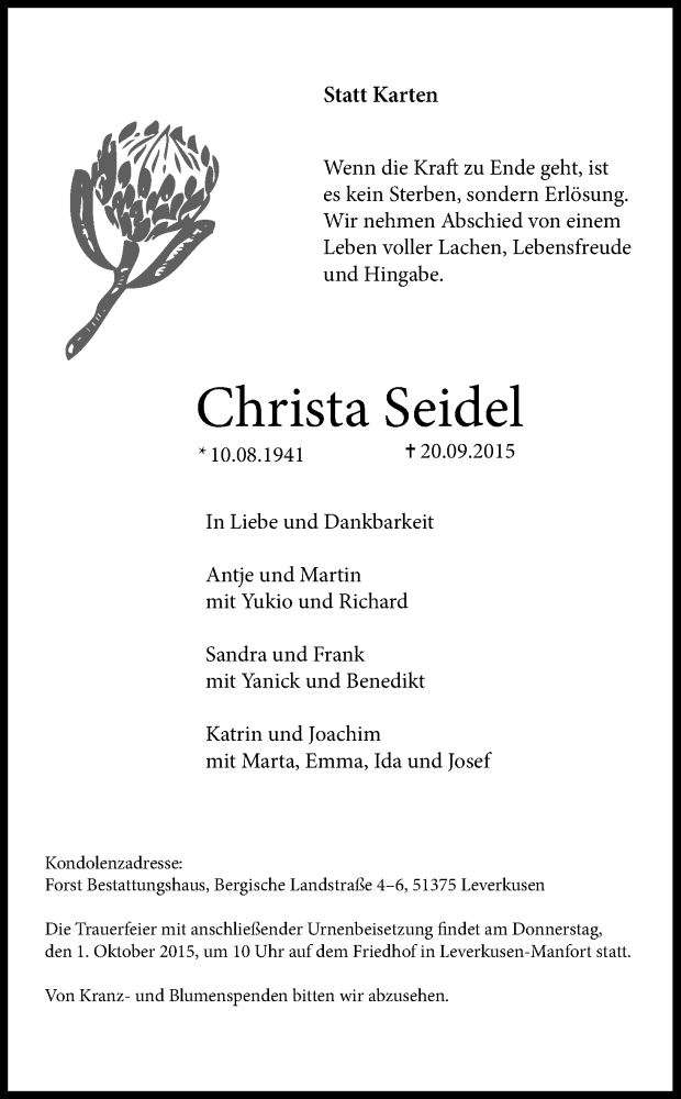  Traueranzeige für Christa Seidel vom 26.09.2015 aus Kölner Stadt-Anzeiger / Kölnische Rundschau / Express
