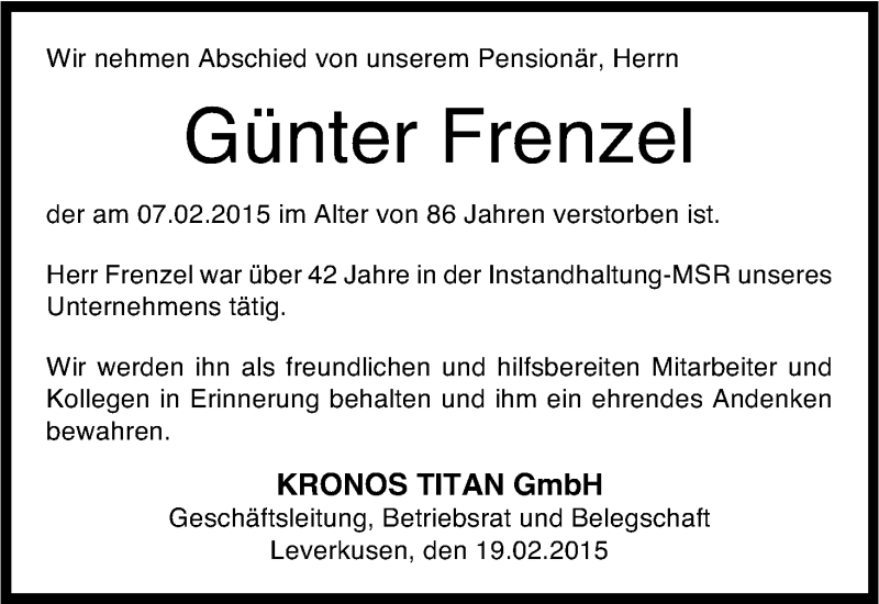  Traueranzeige für Günter Frenzel vom 19.02.2015 aus Kölner Stadt-Anzeiger / Kölnische Rundschau / Express