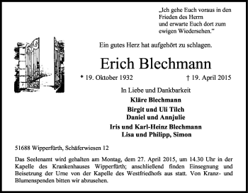 Anzeige von Erich Blechmann von Kölner Stadt-Anzeiger / Kölnische Rundschau / Express