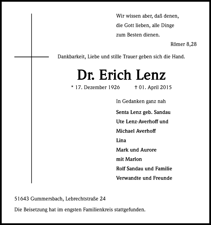  Traueranzeige für Erich Lenz vom 14.04.2015 aus Kölner Stadt-Anzeiger / Kölnische Rundschau / Express