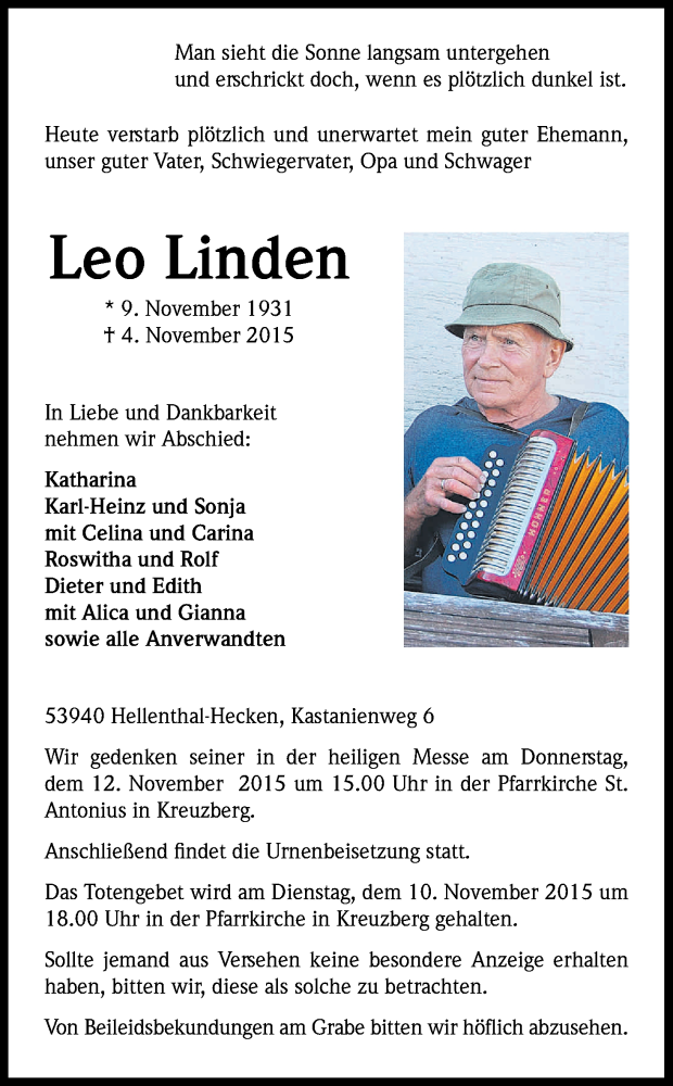  Traueranzeige für Leo Linden vom 07.11.2015 aus Kölner Stadt-Anzeiger / Kölnische Rundschau / Express