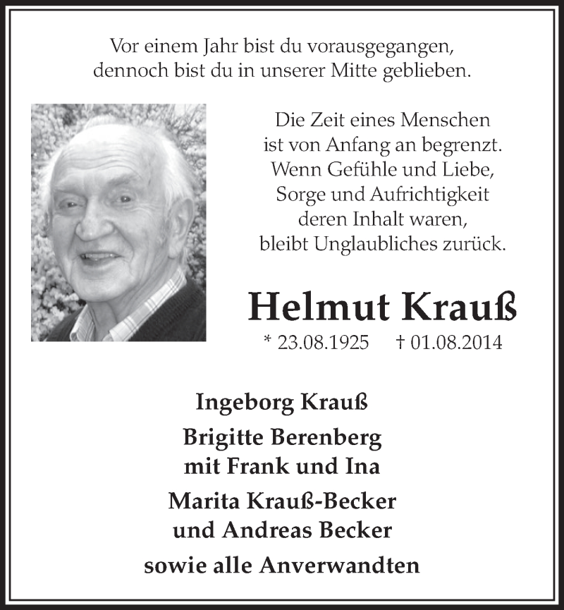  Traueranzeige für Helmut Krauß vom 29.07.2015 aus  Schlossbote/Werbekurier 