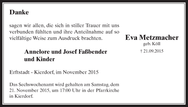  Traueranzeige für Eva Metzmacher vom 18.11.2015 aus  Werbepost 