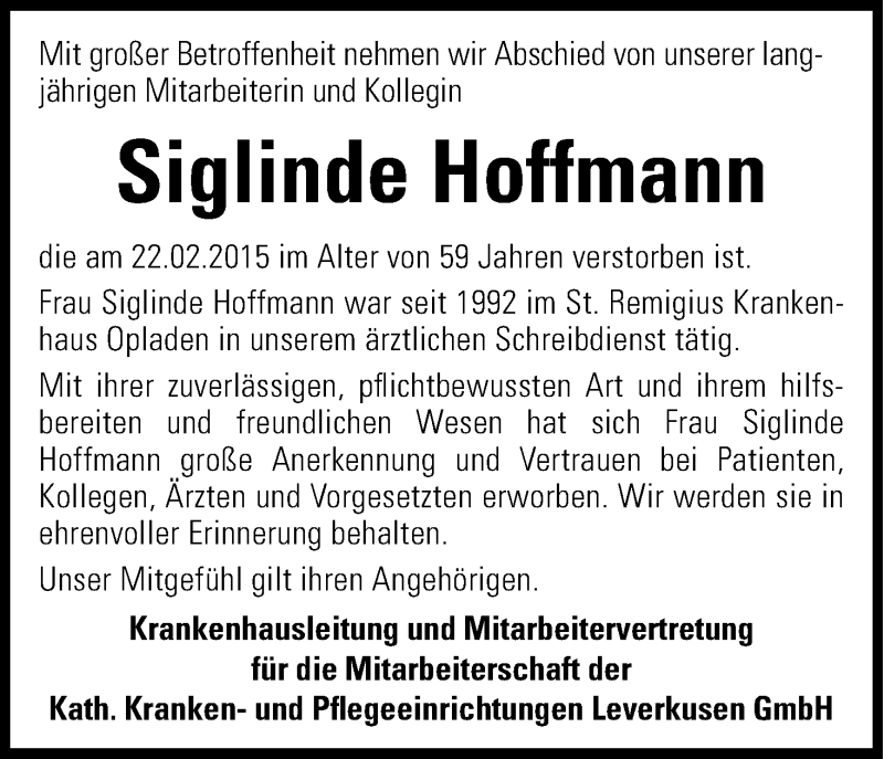  Traueranzeige für Siglinde Hoffmann vom 04.03.2015 aus Kölner Stadt-Anzeiger / Kölnische Rundschau / Express