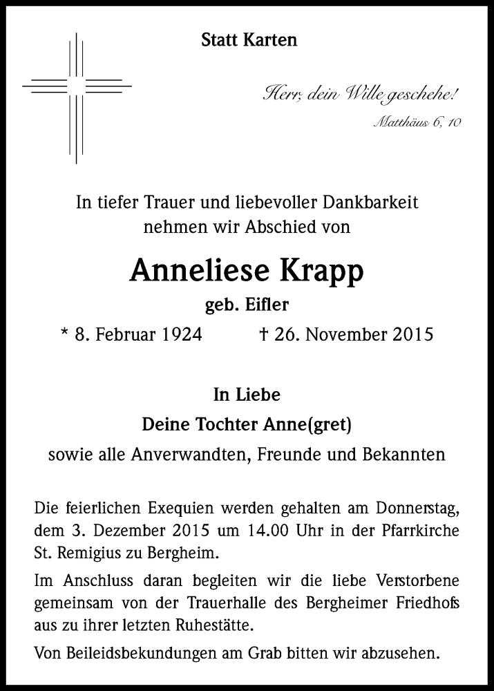  Traueranzeige für Anneliese Krapp vom 01.12.2015 aus Kölner Stadt-Anzeiger / Kölnische Rundschau / Express