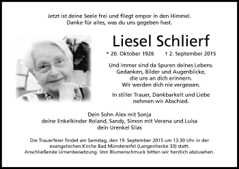 Anzeige von Liesel Schlierf von Kölner Stadt-Anzeiger / Kölnische Rundschau / Express