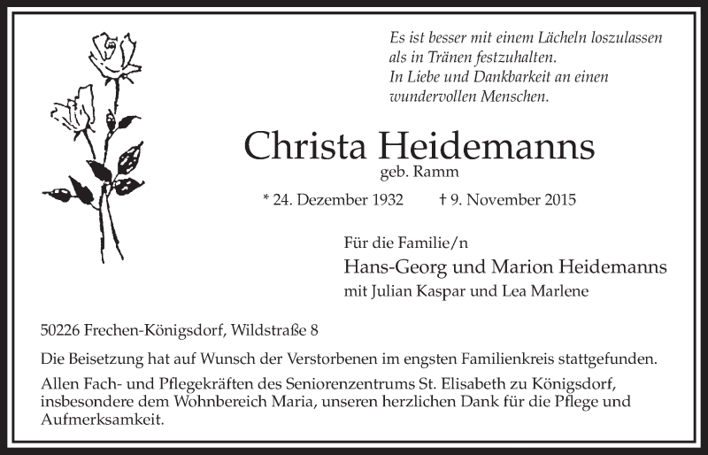  Traueranzeige für Christa Heidemanns vom 14.11.2015 aus  Sonntags-Post 