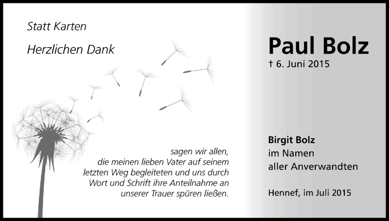  Traueranzeige für Paul Bolz vom 25.07.2015 aus Kölner Stadt-Anzeiger / Kölnische Rundschau / Express