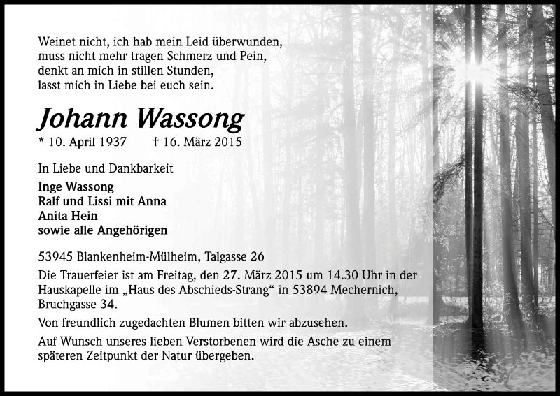  Traueranzeige für Johann Wassong vom 24.03.2015 aus Kölner Stadt-Anzeiger / Kölnische Rundschau / Express