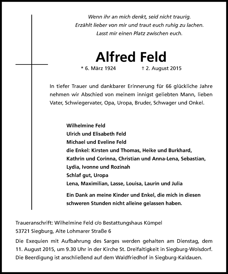  Traueranzeige für Alfred Feld vom 06.08.2015 aus Kölner Stadt-Anzeiger / Kölnische Rundschau / Express