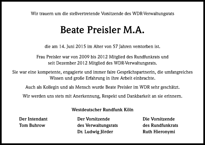  Traueranzeige für Beate Preisler vom 24.06.2015 aus Kölner Stadt-Anzeiger / Kölnische Rundschau / Express