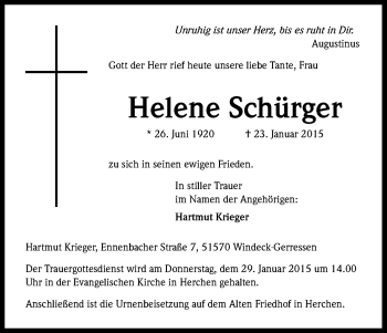 Anzeige von Helene Schürger von Kölner Stadt-Anzeiger / Kölnische Rundschau / Express