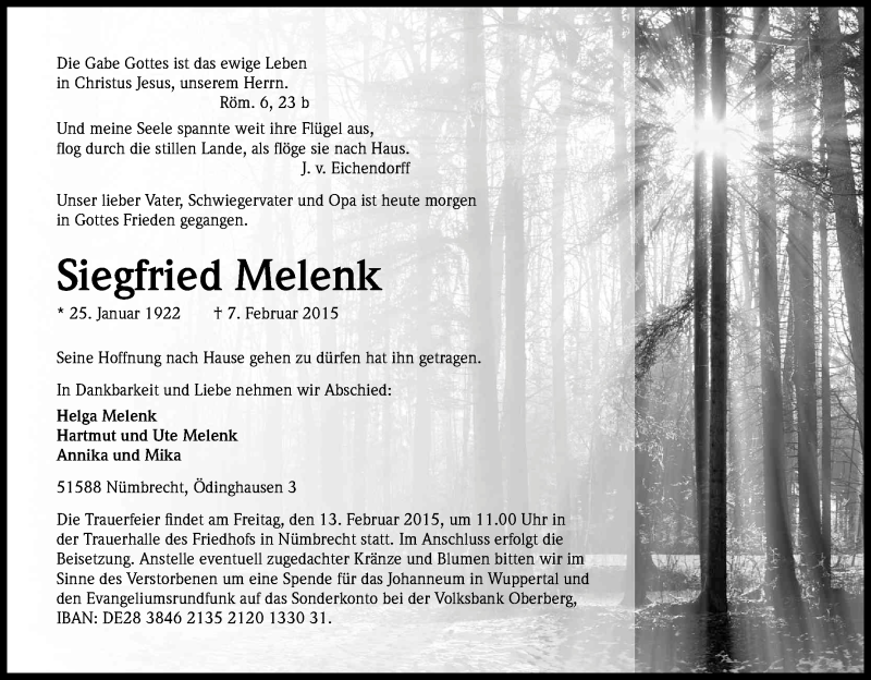  Traueranzeige für Siegfried Melenk vom 10.02.2015 aus Kölner Stadt-Anzeiger / Kölnische Rundschau / Express