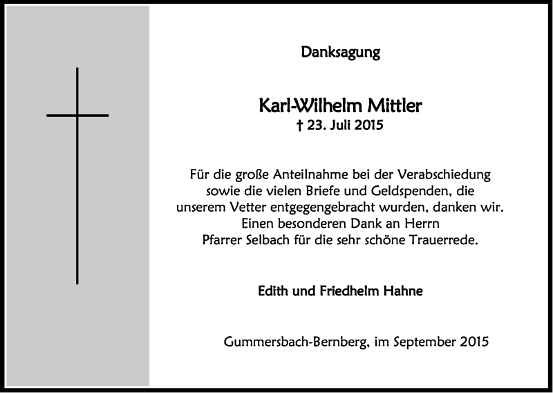  Traueranzeige für Karl-Wilhelm Mittler vom 12.09.2015 aus Kölner Stadt-Anzeiger / Kölnische Rundschau / Express