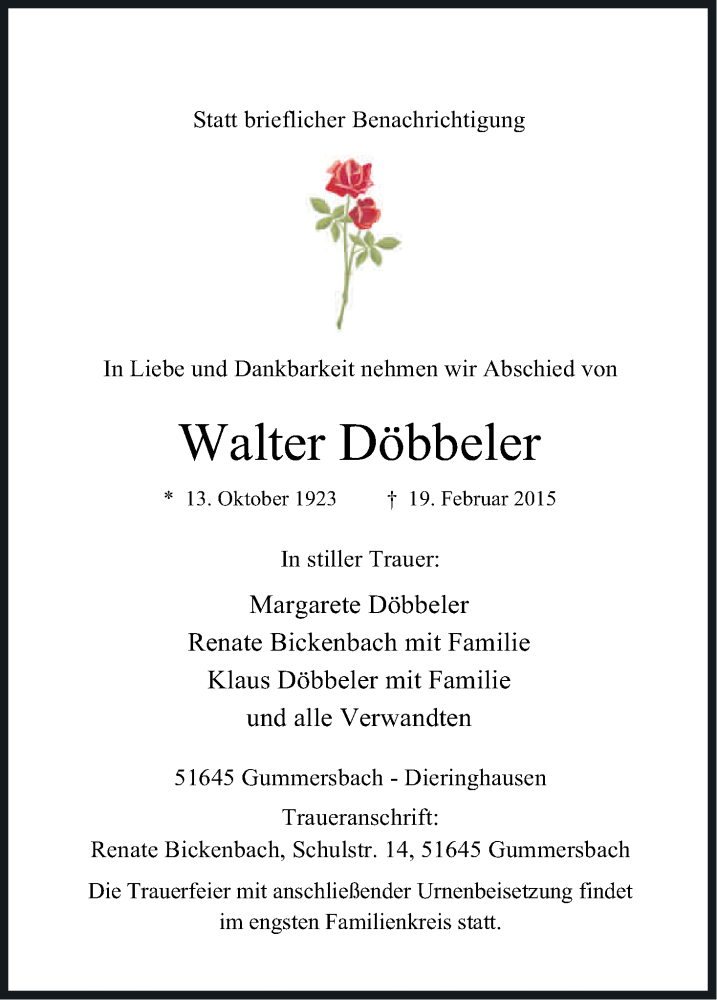  Traueranzeige für Walter Döbbeler vom 23.02.2015 aus Kölner Stadt-Anzeiger / Kölnische Rundschau / Express
