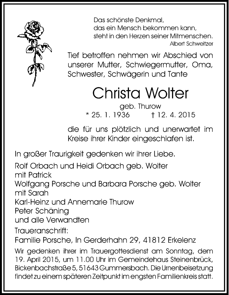  Traueranzeige für Christa Wolter vom 15.04.2015 aus Kölner Stadt-Anzeiger / Kölnische Rundschau / Express