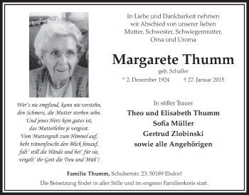 Anzeige von Margarete Thumm von  Sonntags-Post 