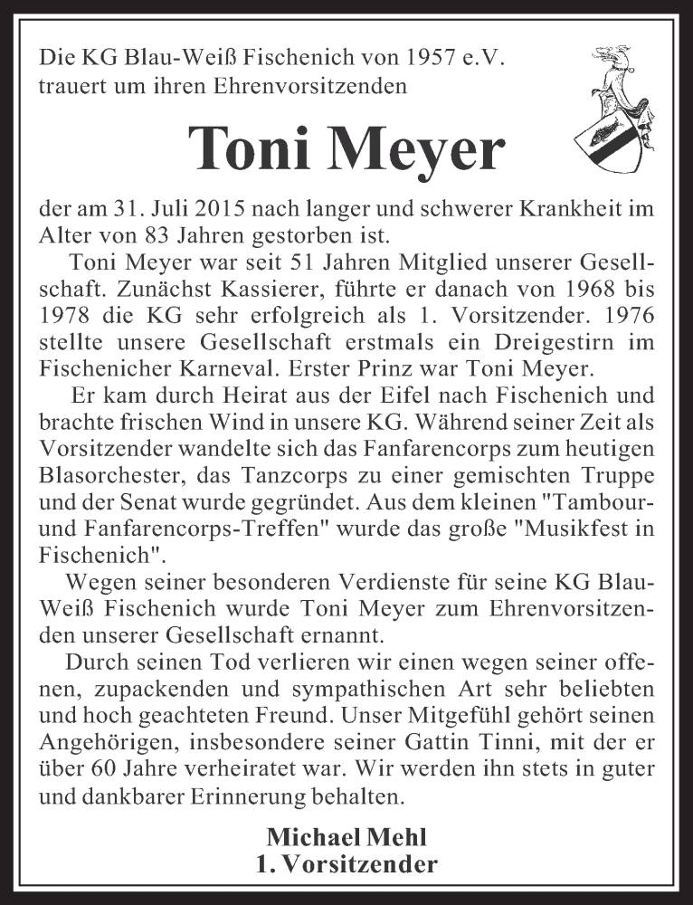  Traueranzeige für Toni Meyer vom 05.08.2015 aus  Wochenende 