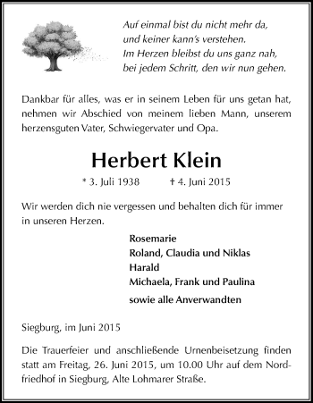 Anzeige von Herbert Klein von Kölner Stadt-Anzeiger / Kölnische Rundschau / Express
