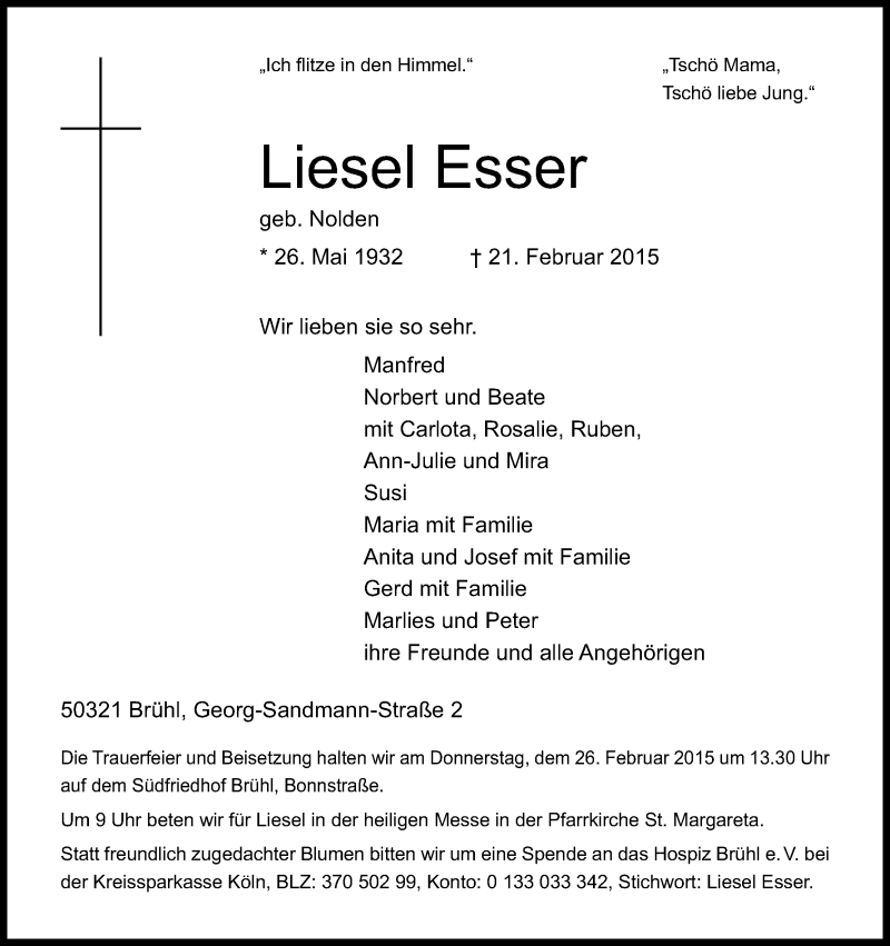  Traueranzeige für Liesel Esser vom 24.02.2015 aus Kölner Stadt-Anzeiger / Kölnische Rundschau / Express