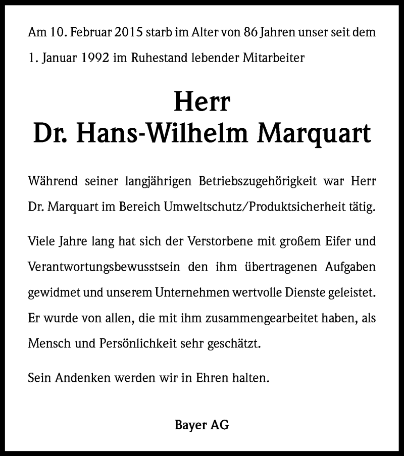  Traueranzeige für Hans-Wilhelm Marquart vom 25.02.2015 aus Kölner Stadt-Anzeiger / Kölnische Rundschau / Express