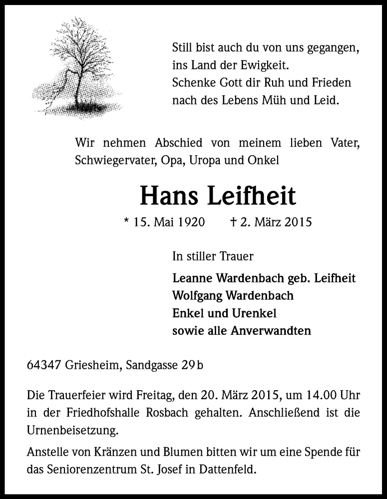  Traueranzeige für Hans Leifheit vom 14.03.2015 aus Kölner Stadt-Anzeiger / Kölnische Rundschau / Express