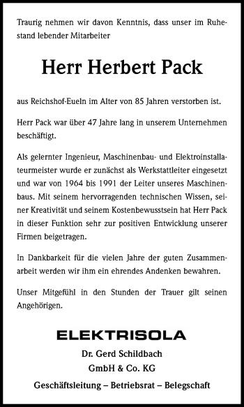 Anzeige von Herbert Pack von Kölner Stadt-Anzeiger / Kölnische Rundschau / Express
